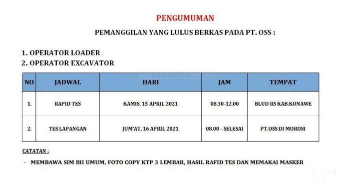 Pengumuman Lulus Berkas Operator Loeder & Excavator PT OSS