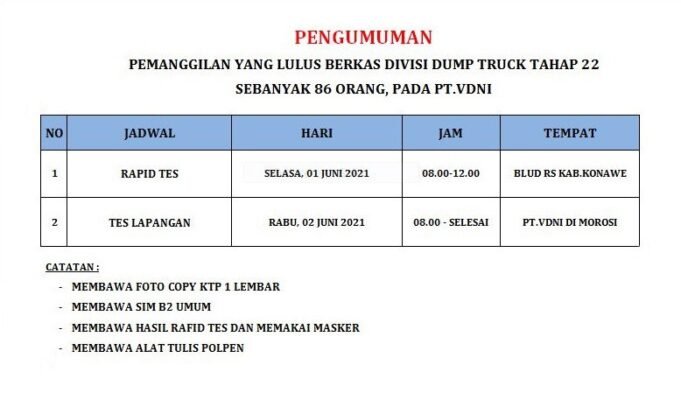 Pengumuman Pemanggilan Lulus Berkas Divisi Dump Truck Tahap 22 PT VDNI