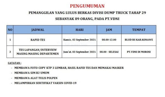 Pengumuman Pemanggilan Lulus Berkas Divisi Dump Truck Tahap 29 PT VDNI