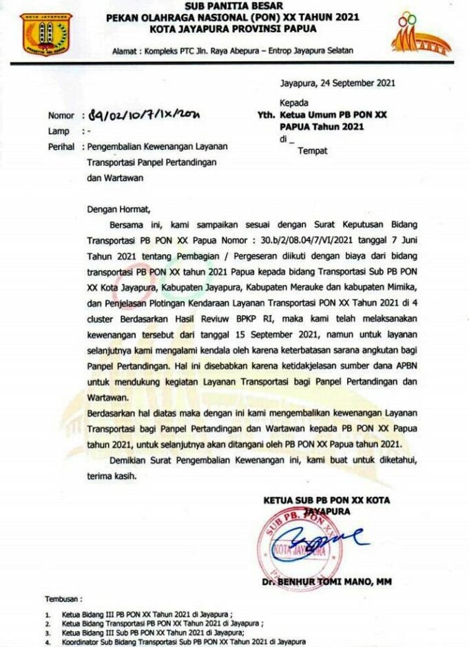 PB PON XX dan Gubernur Papua Diduga Tidak Becus Kelola Anggaran, Walikota Jayapura Kembalikan Kewenangan Tranportasi Official dan Wartawan