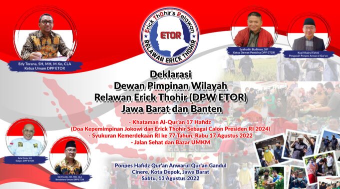 Deklarasi Relawan Erick Thohir Jabar dan Banten Akan Digelar di Ponpes Anwarul Qur’an, Cinere, Depok
