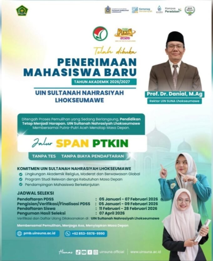 UIN Sultanah Nahrasiyah Lhokseumawe Buka PMB 2026/2027, Jalur SPAN-PTKIN Tanpa Tes dan Biaya