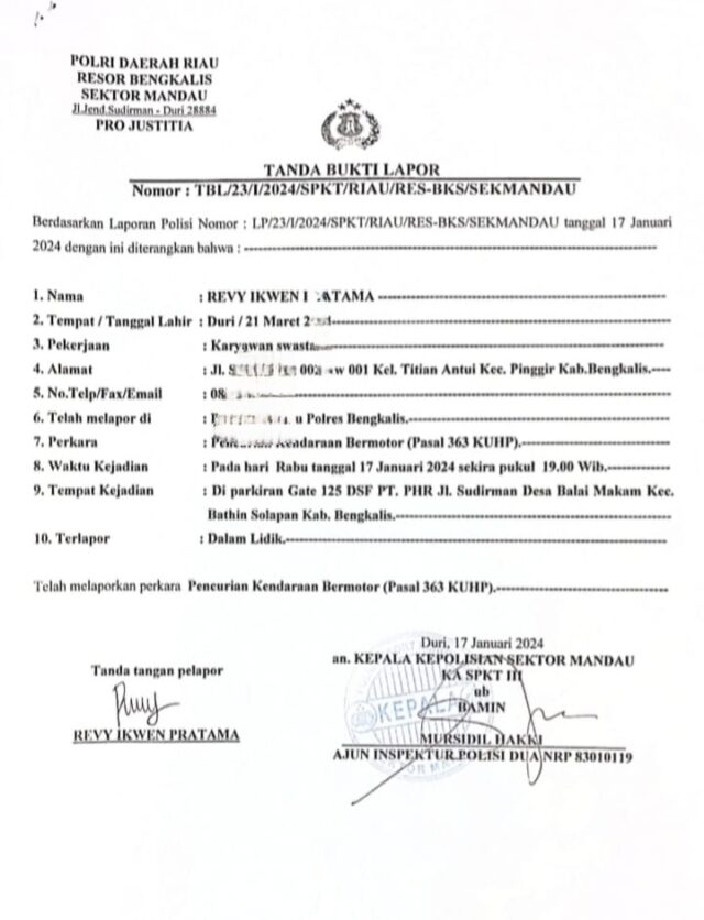 Beri Tanggapan, Kapolsek Mandau Sebut Kasus Curanmor Masih Jadi Pekerjaan Rumah