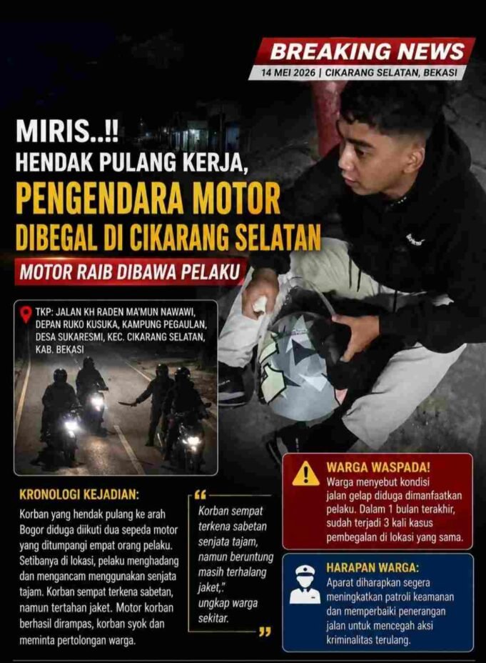 Miris..!! Hendak Pulang Kerja Pengendara Motor Dibegal di Cikarang Selatan, Motor Raib Dibawa Pelaku