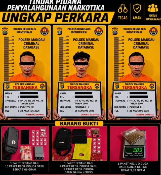 Pengembangan Kasus Sabu, Polsek Mandau Tangkap 2 Pria dan Sita Sabu serta Ganja di Pematang Pudu